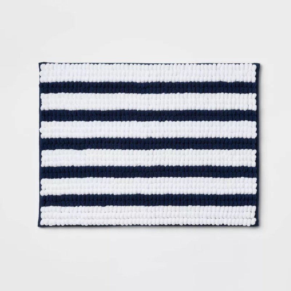 17"x24" nwt Chunky Chenille Cushion Foam Bath Rug Navy Stripe Tufted Memory Foam